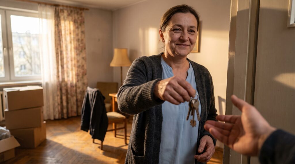Kobieta przekazuje klucze do mieszkania mimo obecności najemcy i kartonów po przeprowadzce